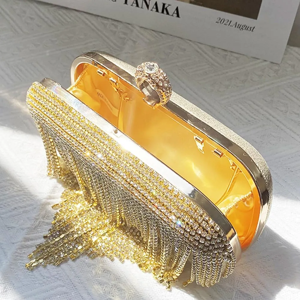Evening Clutch Bag Rhinestones Wedding Purse Glitter Dressy Clutch Cocktail Purse with Detachable Chain for Party Prom Gold