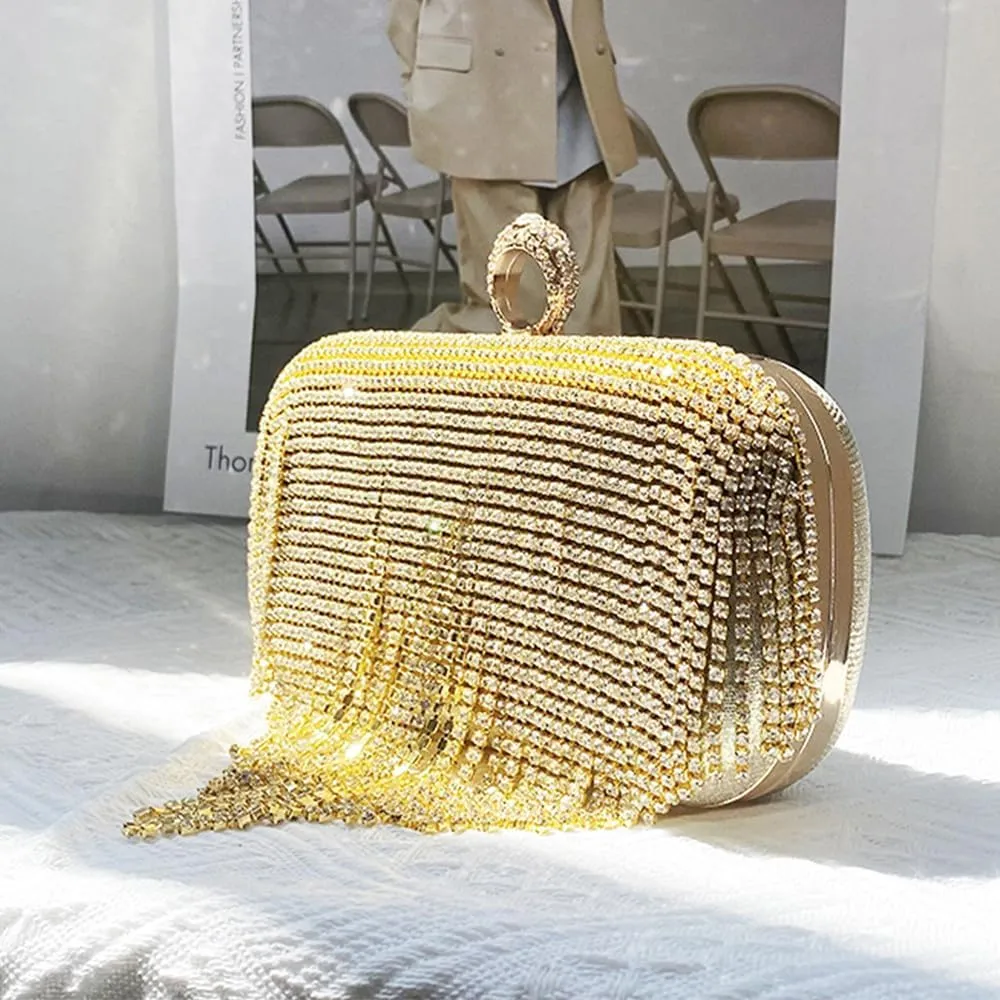 Evening Clutch Bag Rhinestones Wedding Purse Glitter Dressy Clutch Cocktail Purse with Detachable Chain for Party Prom Gold