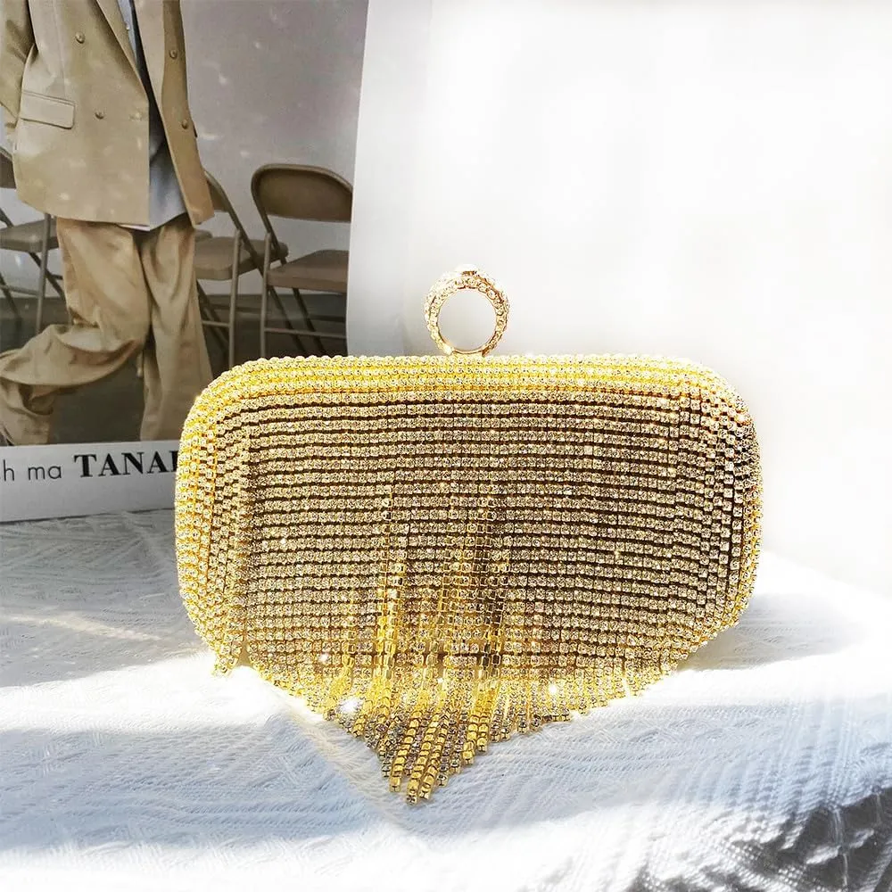 Evening Clutch Bag Rhinestones Wedding Purse Glitter Dressy Clutch Cocktail Purse with Detachable Chain for Party Prom Gold