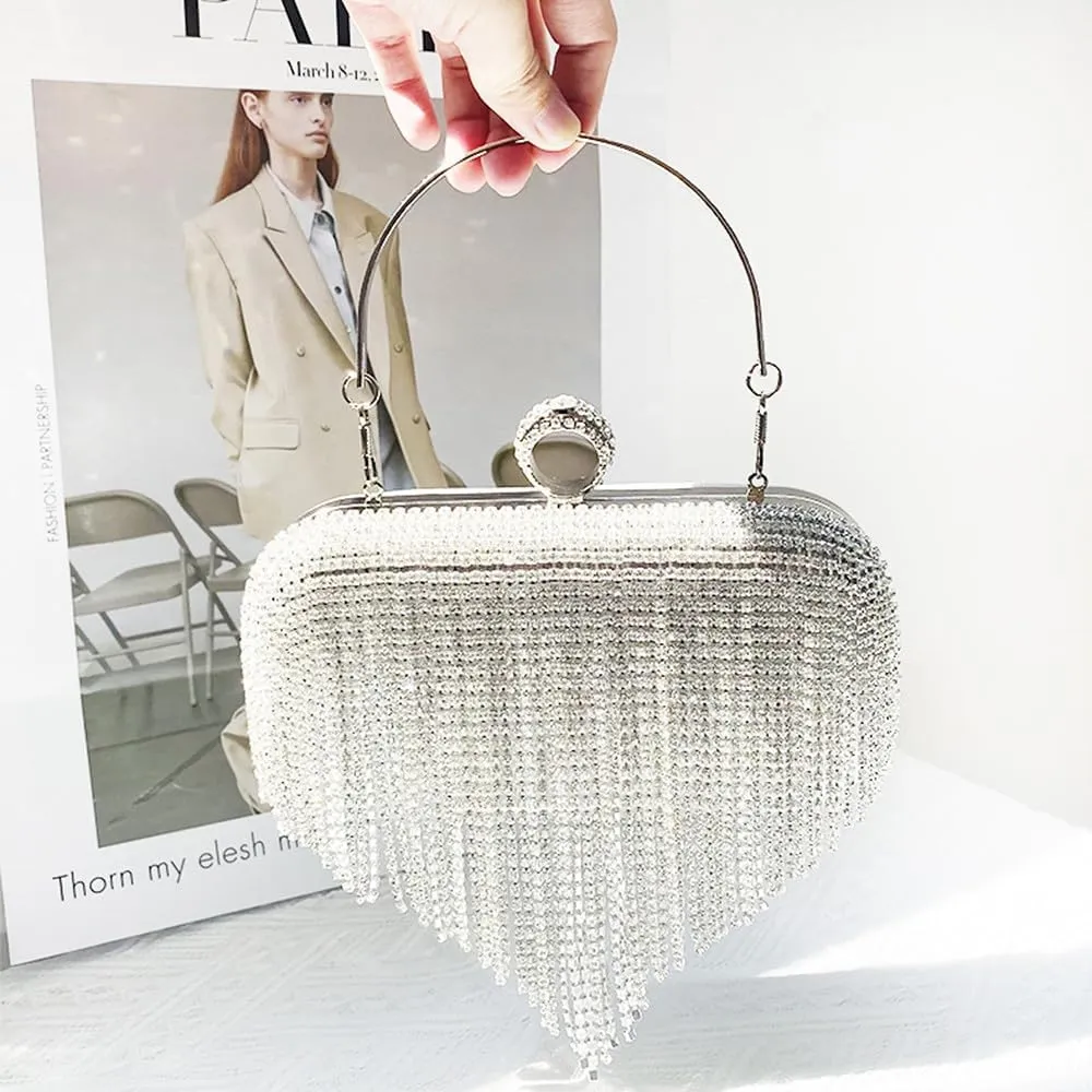 Evening Clutch Bag Rhinestones Wedding Purse Glitter Dressy Clutch Cocktail Purse with Detachable Chain for Party Prom Silver