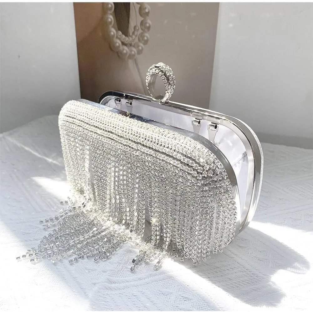 Evening Clutch Bag Rhinestones Wedding Purse Glitter Dressy Clutch Cocktail Purse with Detachable Chain for Party Prom Silver