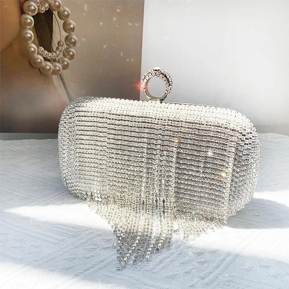 Evening Clutch Bag Rhinestones Wedding Purse Glitter Dressy Clutch Cocktail Purse with Detachable Chain for Party Prom Silver
