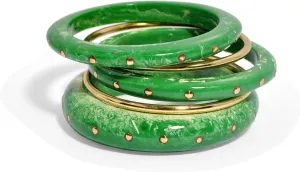 Fairy Glam - Handmade Set of 5 Comprising 3 Marbled Resin Bangle in Leprechaun Green & White Color Along With 2 Golden Brass Bangles Bracelet Mothers Day Jewelry Gifts.