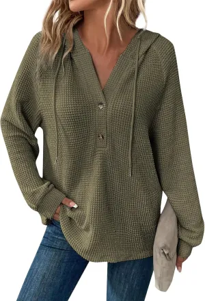 Fall Hoodies for Women Waffle Knit Raglan Long Sleeve Tops V Neck Button Down Shirts Hooded Tunic Pullover Sweaters