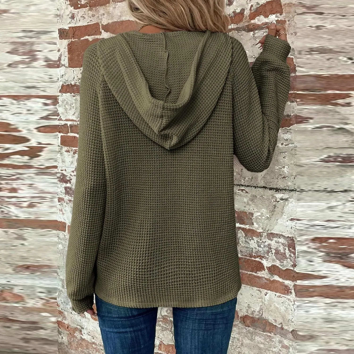 Fall Hoodies for Women Waffle Knit Raglan Long Sleeve Tops V Neck Button Down Shirts Hooded Tunic Pullover Sweaters