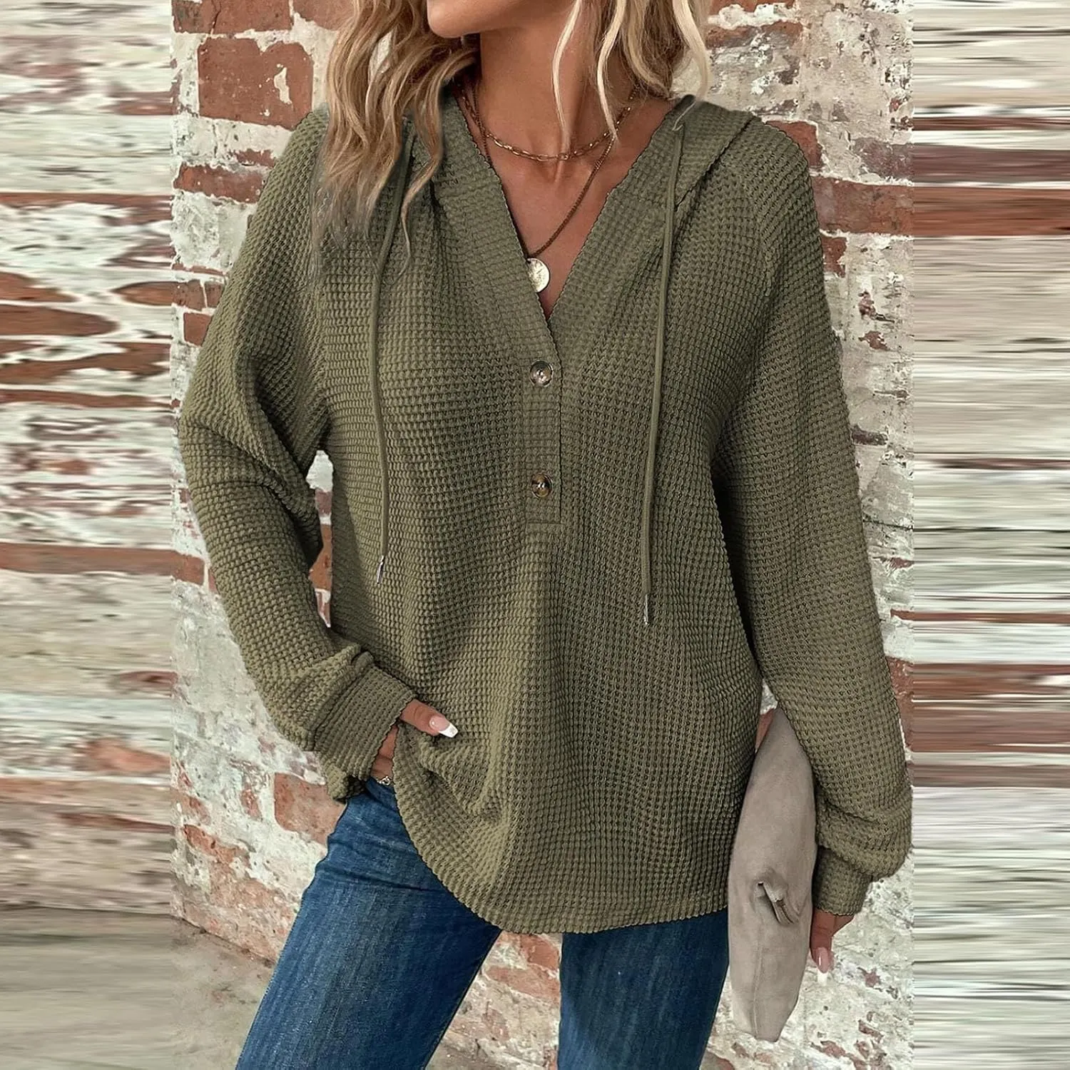 Fall Hoodies for Women Waffle Knit Raglan Long Sleeve Tops V Neck Button Down Shirts Hooded Tunic Pullover Sweaters