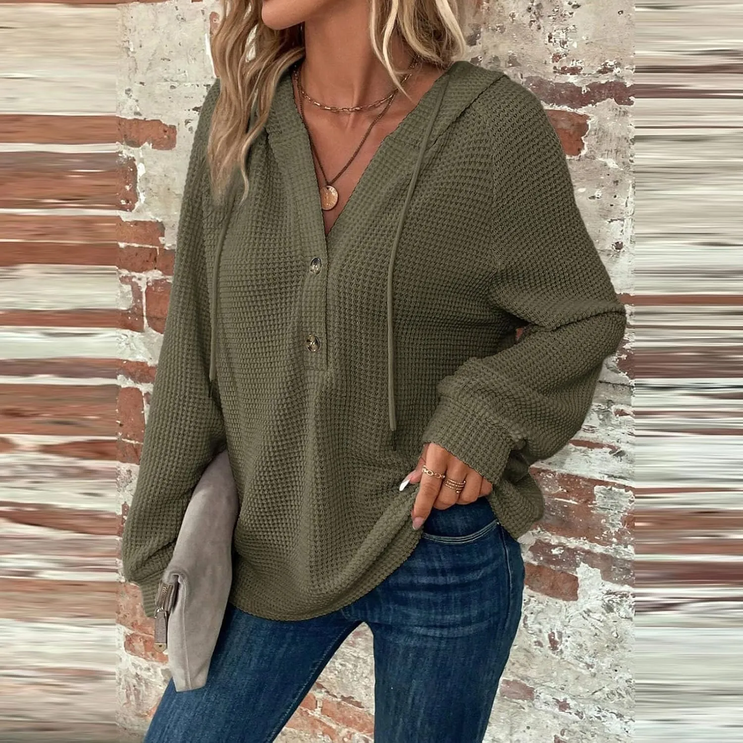 Fall Hoodies for Women Waffle Knit Raglan Long Sleeve Tops V Neck Button Down Shirts Hooded Tunic Pullover Sweaters
