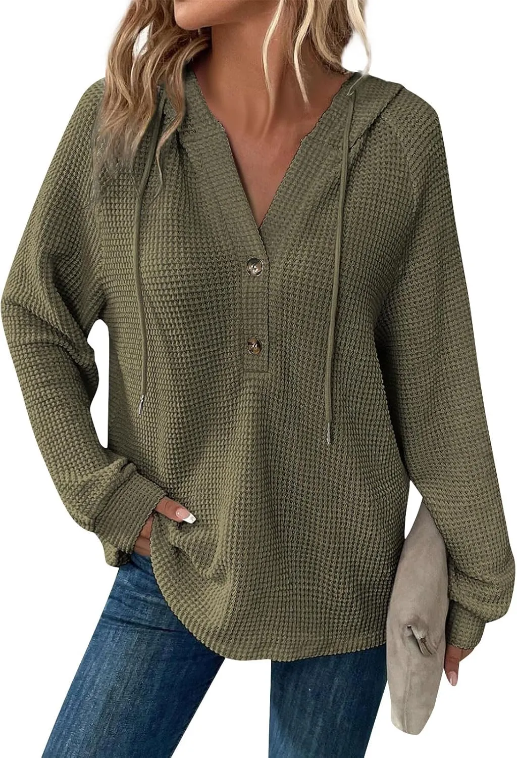 Fall Hoodies for Women Waffle Knit Raglan Long Sleeve Tops V Neck Button Down Shirts Hooded Tunic Pullover Sweaters