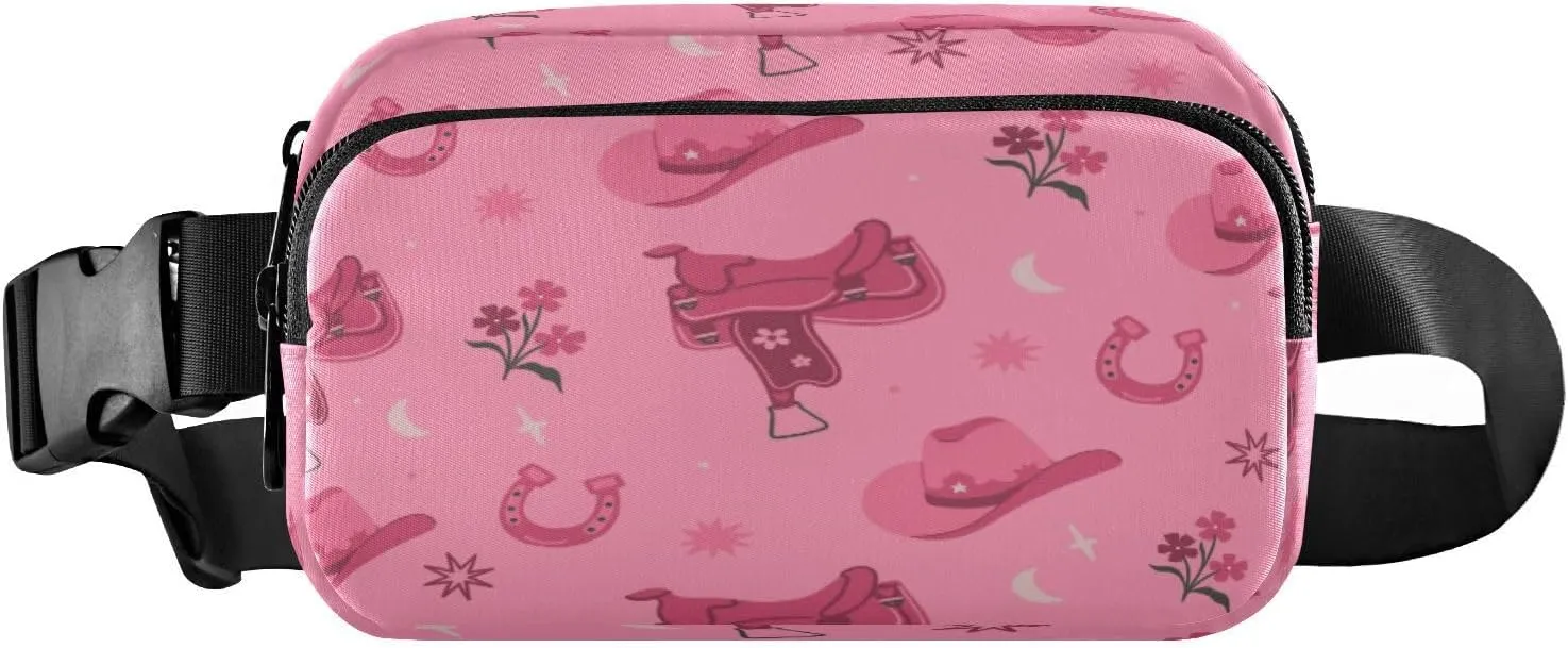 Fanny Pack Belt Bag for Women Men Cowboy Hats Saddles Fashion Waist Pack Pink Waterproof Adjustable Cross Body Fanny Pack for Workout/Running/Hiking/Traveling/Cycling