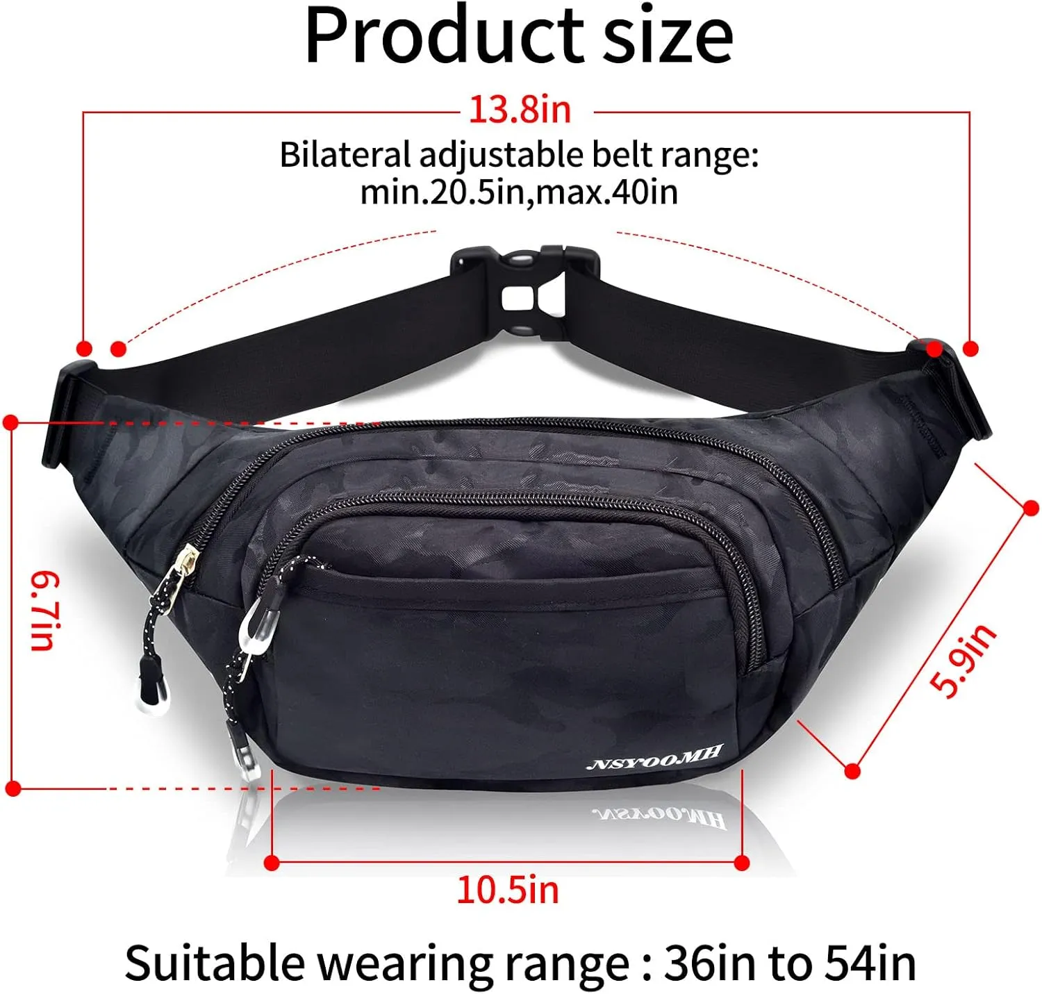 Fanny Pack for Women & Men, 5-Zipper Pockets Water Resistant Practical Waist Bag, for Outdoor Running Cycling Sports Travel Hiking Fishing Fashion Camo Black Belt Bags