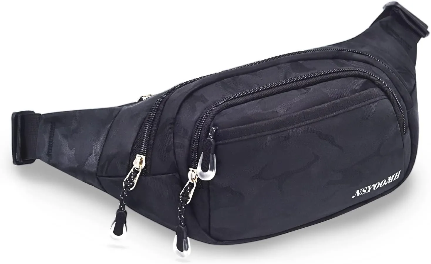 Fanny Pack for Women & Men, 5-Zipper Pockets Water Resistant Practical Waist Bag, for Outdoor Running Cycling Sports Travel Hiking Fishing Fashion Camo Black Belt Bags