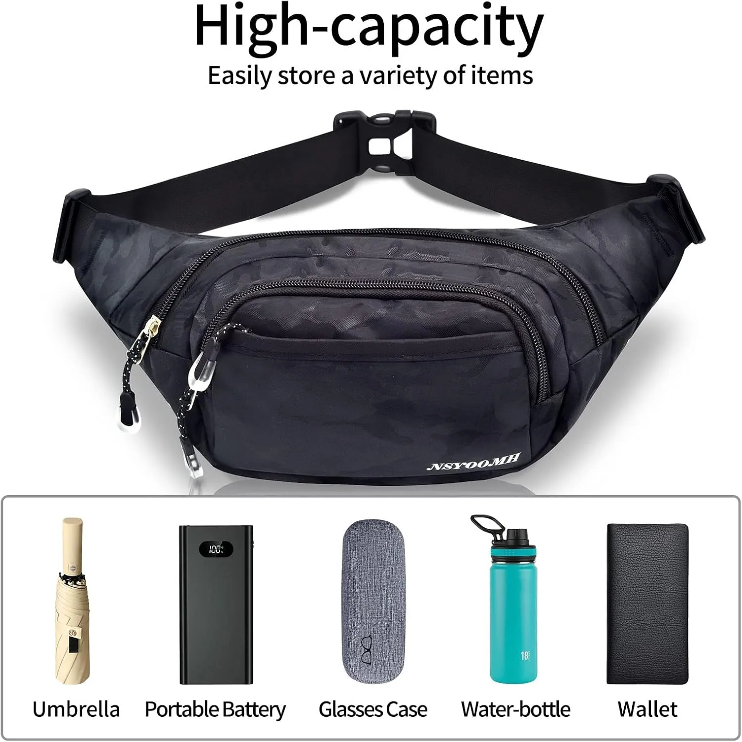 Fanny Pack for Women & Men, 5-Zipper Pockets Water Resistant Practical Waist Bag, for Outdoor Running Cycling Sports Travel Hiking Fishing Fashion Camo Black Belt Bags
