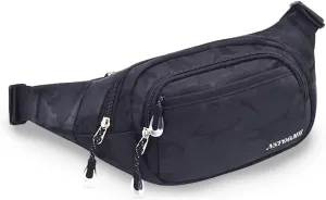 Fanny Pack for Women & Men, 5-Zipper Pockets Water Resistant Practical Waist Bag, for Outdoor Running Cycling Sports Travel Hiking Fishing Fashion Camo Black Belt Bags