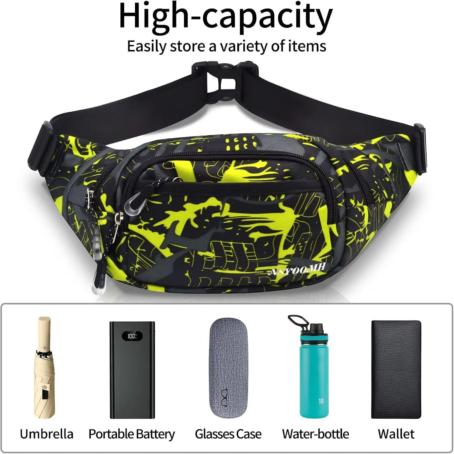 Fanny Packs for Women & Men, 5-Zipper Pockets Waist Bag, Belt Bag for Running Cycling Travel Walking Hiking Fishing Camping (Green)
