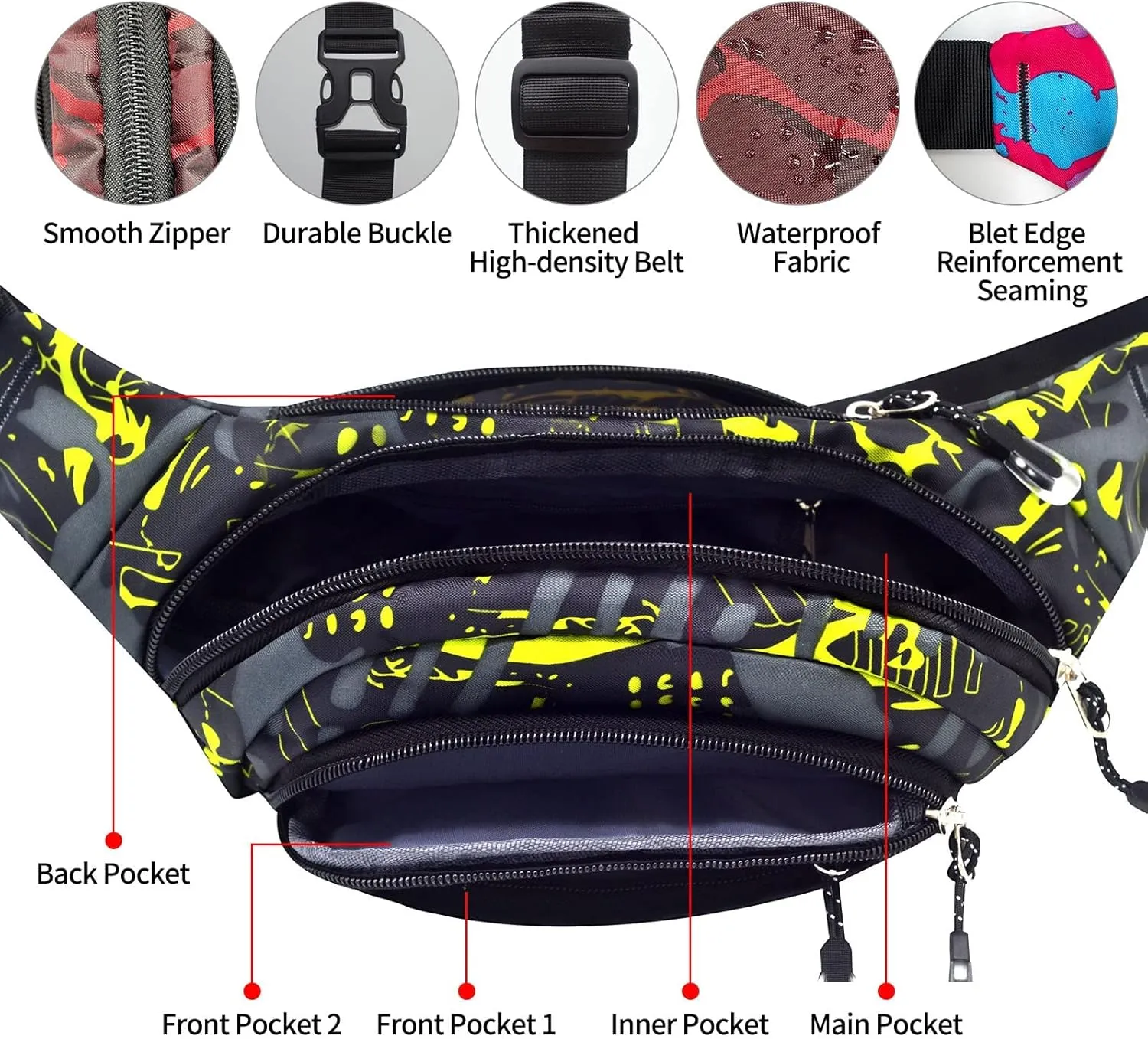 Fanny Packs for Women & Men, 5-Zipper Pockets Water Resistant Practical Waist Bag, for Outdoor Running Cycling Sports Travel Hiking Camping Fishing Fashionable Camo Belt Bags