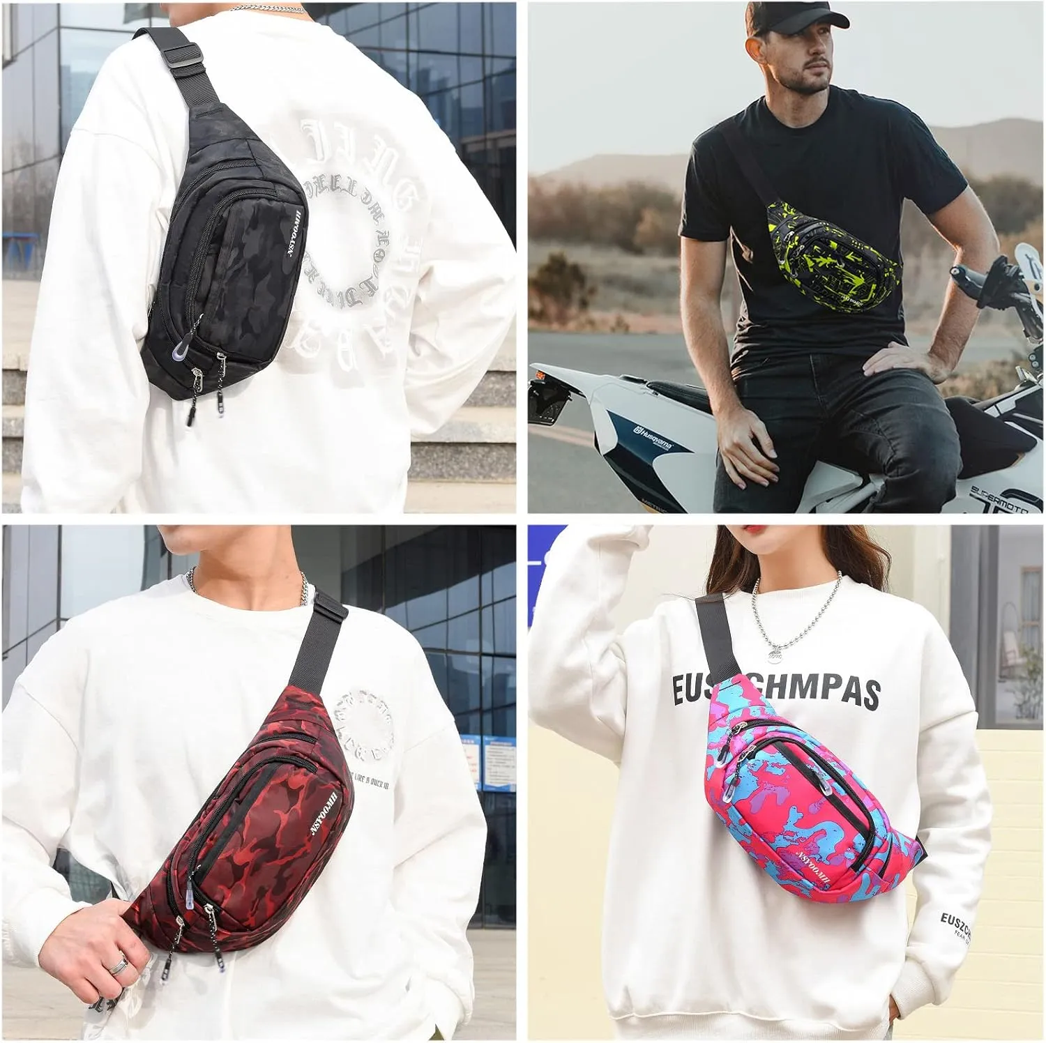 Fanny Packs for Women & Men, 5-Zipper Pockets Water Resistant Practical Waist Bag, for Outdoor Running Cycling Sports Travel Hiking Camping Fishing Fashionable Camo Belt Bags