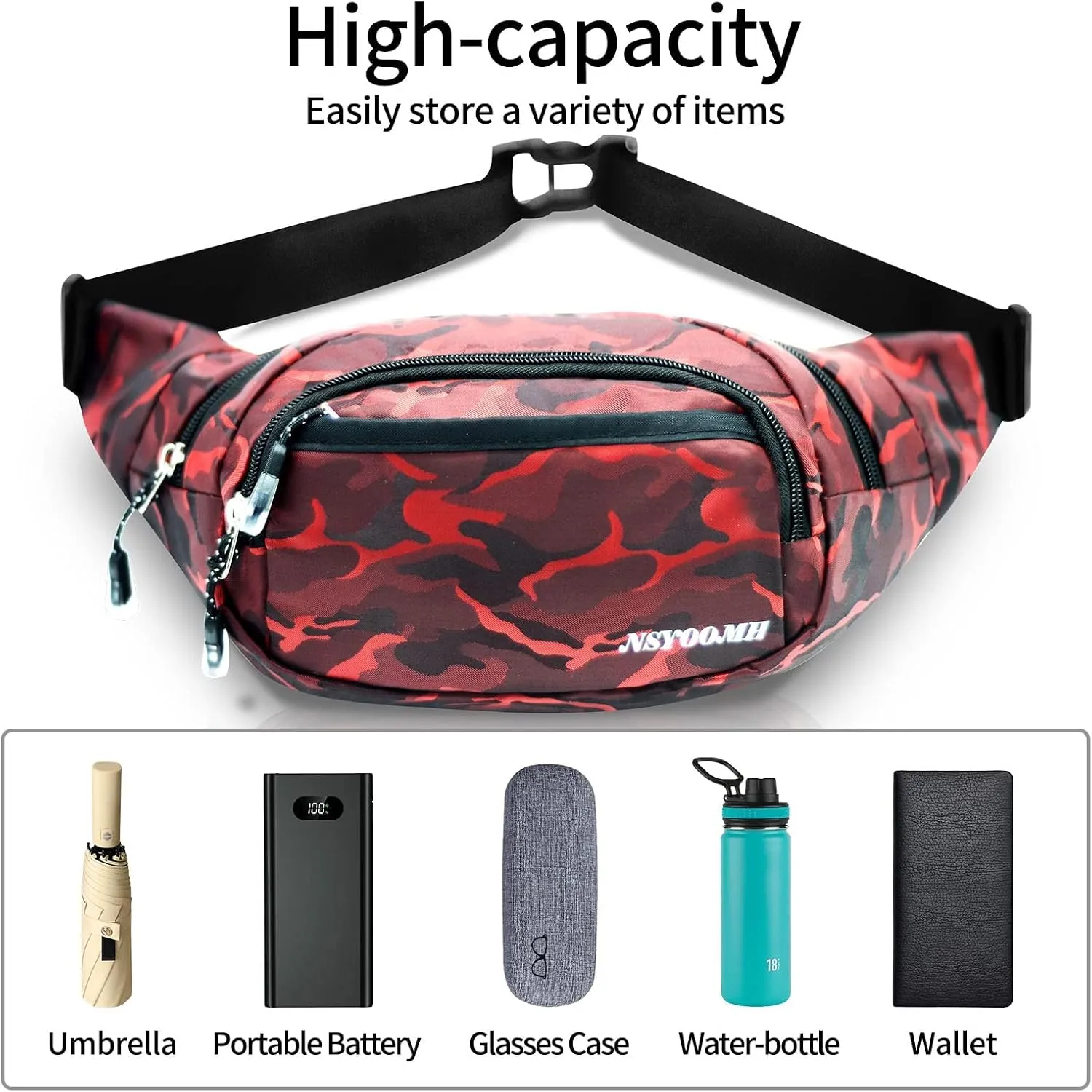 Fanny Packs for Women & Men, 5-Zipper Pockets Water Resistant Practical Waist Bag, for Outdoor Running Cycling Sports Travel Hiking Camping Fishing Fashionable Camo Belt Bags