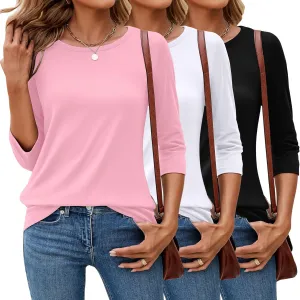 Ficerd 3 Pack 3/4 Sleeve Tops for Women Round Neck Dressy Basics Tees Casual Trendy Loose Fit T Shirts