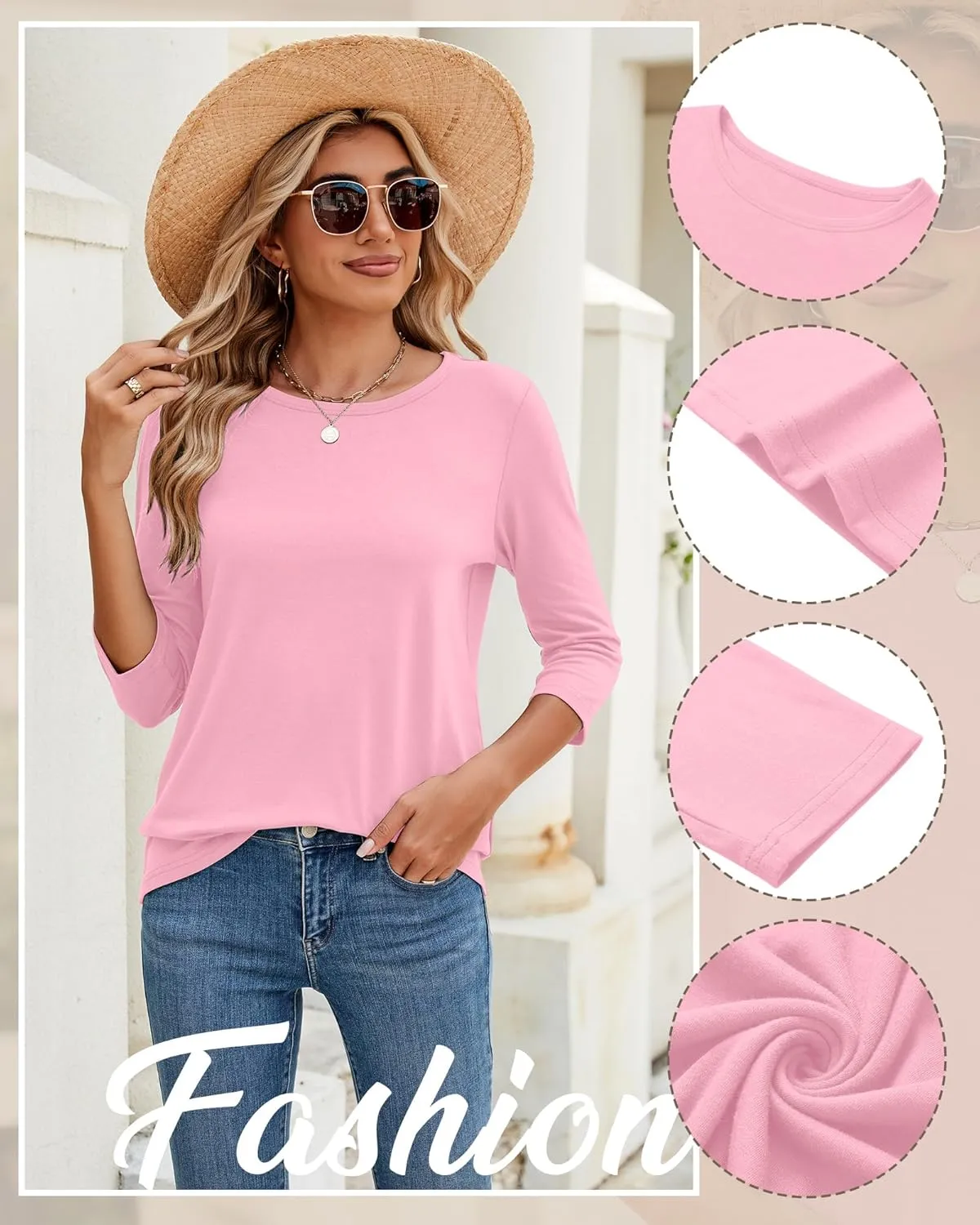 Ficerd 3 Pack 3/4 Sleeve Tops for Women Round Neck Dressy Basics Tees Casual Trendy Loose Fit T Shirts