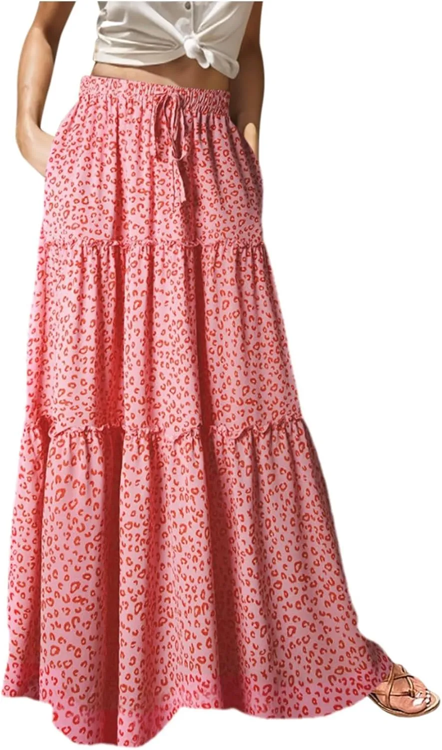 Floral Long Skirts for Women Casual Boho High Waisted Flowy Maxi Skirt Summer Ruffled Tiered Flowy Skorts