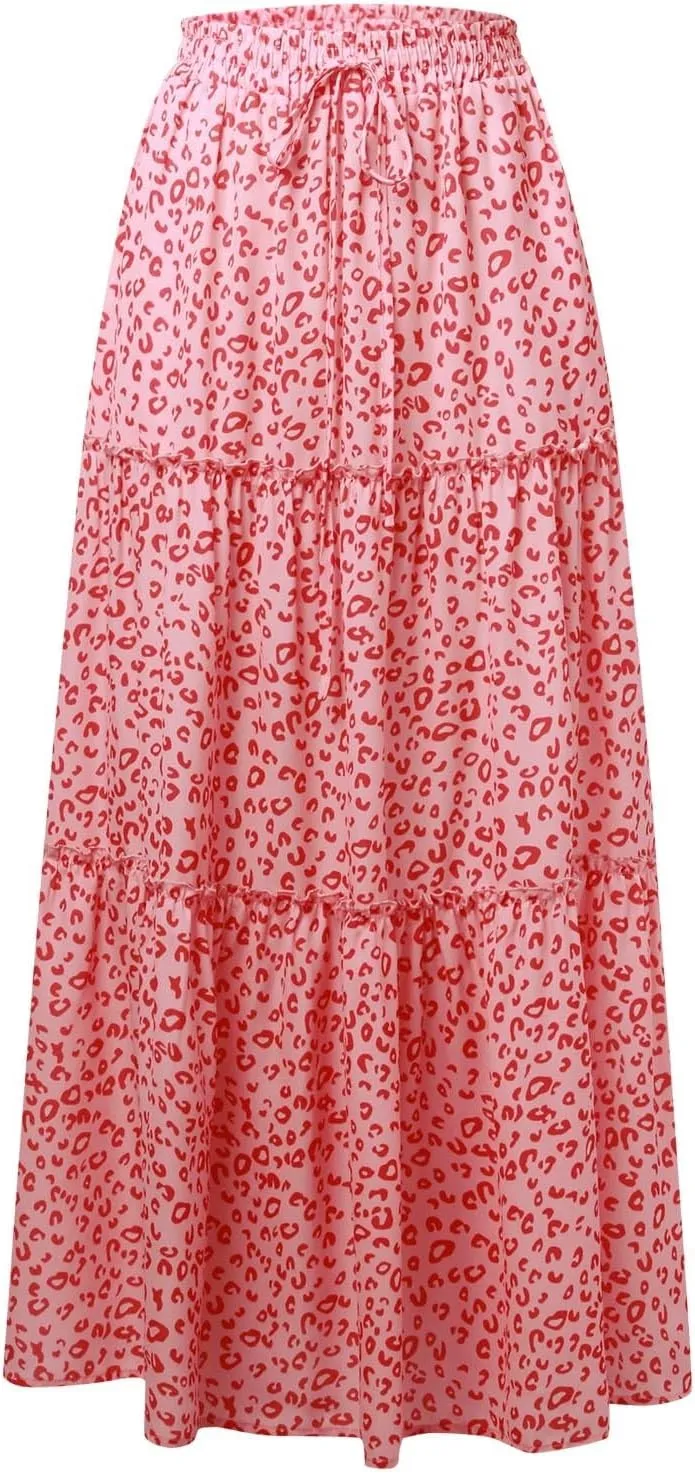 Floral Long Skirts for Women Casual Boho High Waisted Flowy Maxi Skirt Summer Ruffled Tiered Flowy Skorts