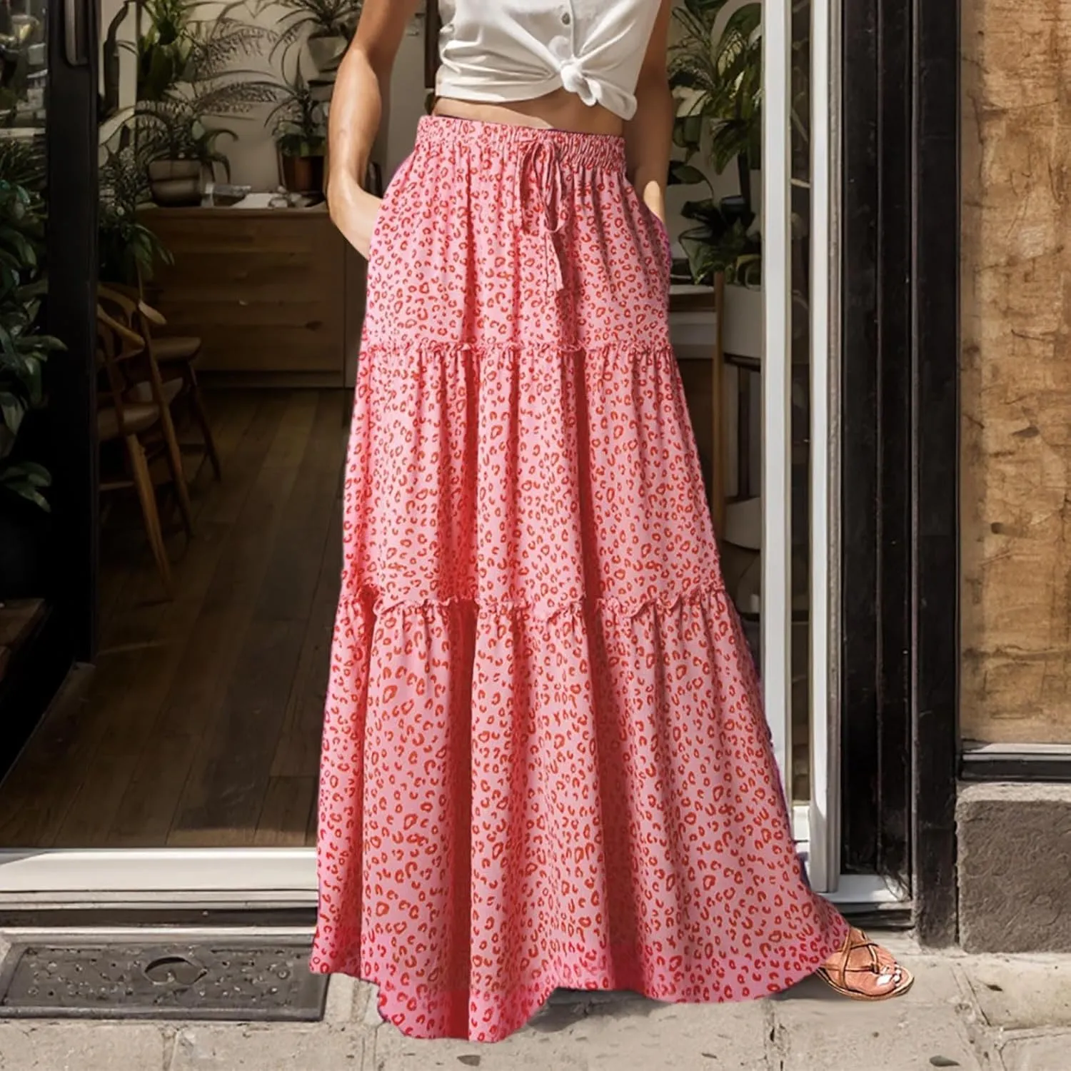 Floral Long Skirts for Women Casual Boho High Waisted Flowy Maxi Skirt Summer Ruffled Tiered Flowy Skorts