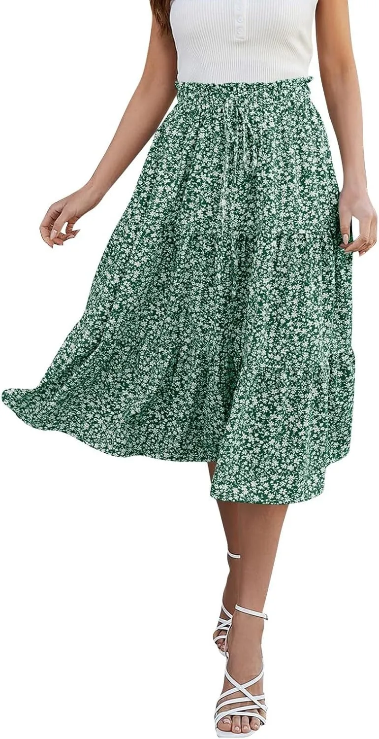 Floral Maxi Skirts for Women Trendy Summer Boho Tiered Long Flowy Skirt Drawstring High Waisted Swing A-Line Skirt