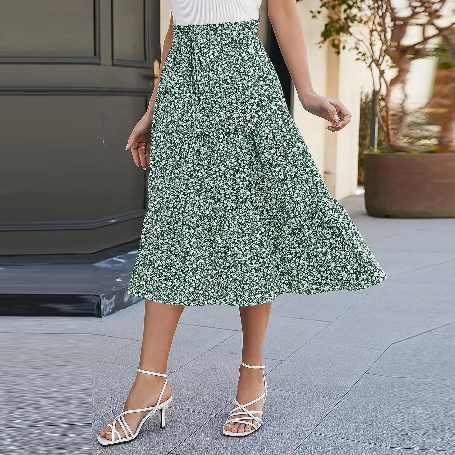 Floral Maxi Skirts for Women Trendy Summer Boho Tiered Long Flowy Skirt Drawstring High Waisted Swing A-Line Skirt