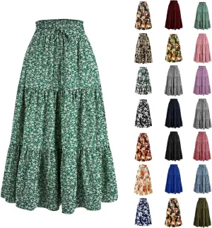 Floral Maxi Skirts for Women Trendy Summer Boho Tiered Long Flowy Skirt Drawstring High Waisted Swing A-Line Skirt