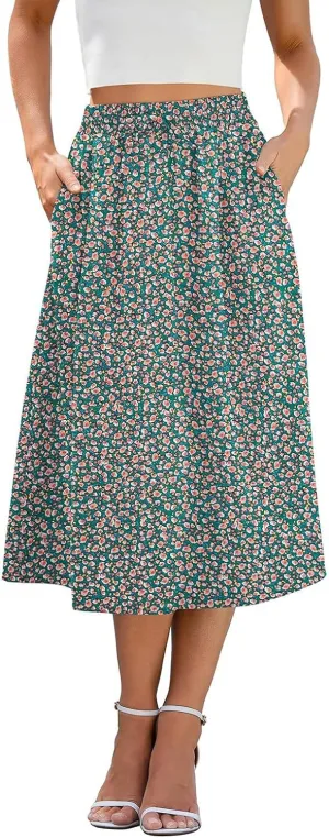 Floral Midi Skirts for Women Summer Casual Loose Flowy Boho Skirt Knee Length Beach Vacation Outfits with Pockets