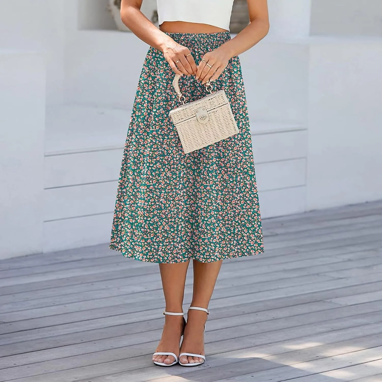 Floral Midi Skirts for Women Summer Casual Loose Flowy Boho Skirt Knee Length Beach Vacation Outfits with Pockets