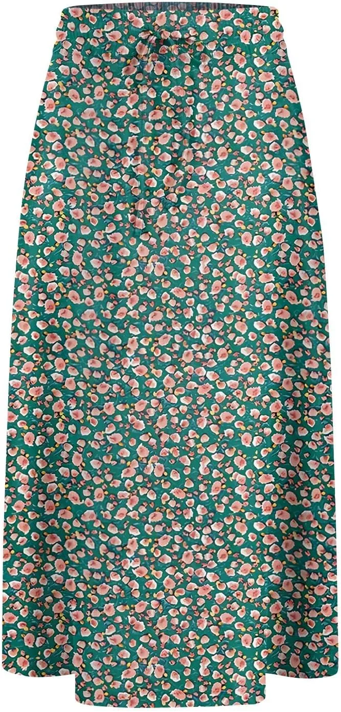 Floral Midi Skirts for Women Summer Casual Loose Flowy Boho Skirt Knee Length Beach Vacation Outfits with Pockets