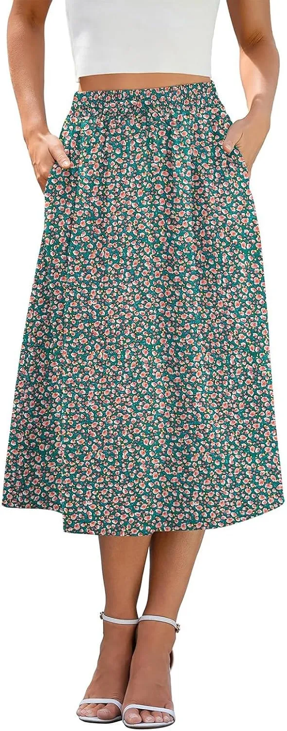 Floral Midi Skirts for Women Summer Casual Loose Flowy Boho Skirt Knee Length Beach Vacation Outfits with Pockets