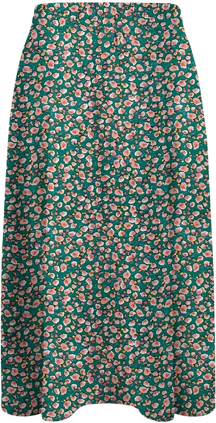 Floral Midi Skirts for Women Summer Casual Loose Flowy Boho Skirt Knee Length Beach Vacation Outfits with Pockets