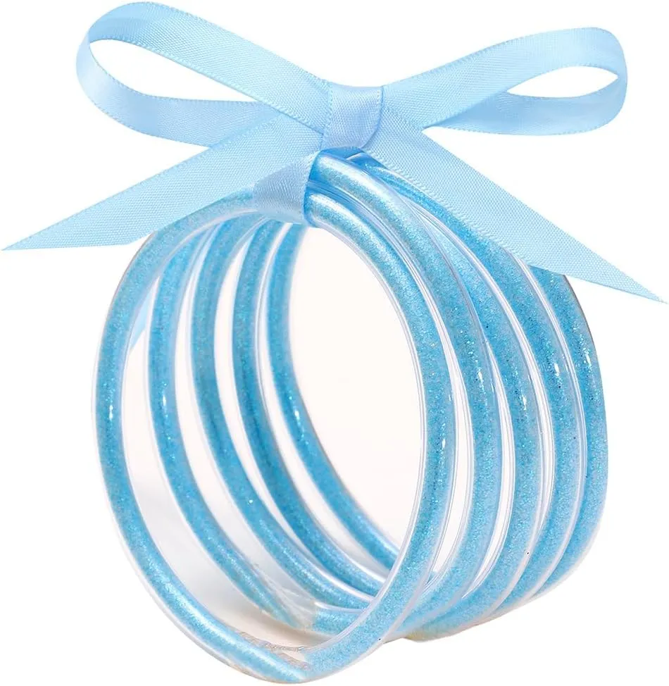 Glitter Jelly Bangles Bracelets Set - Lightweight Sparkling Silicone Bowknot Bangle Bracelets, Buddha Bangles Stacking Jewelry