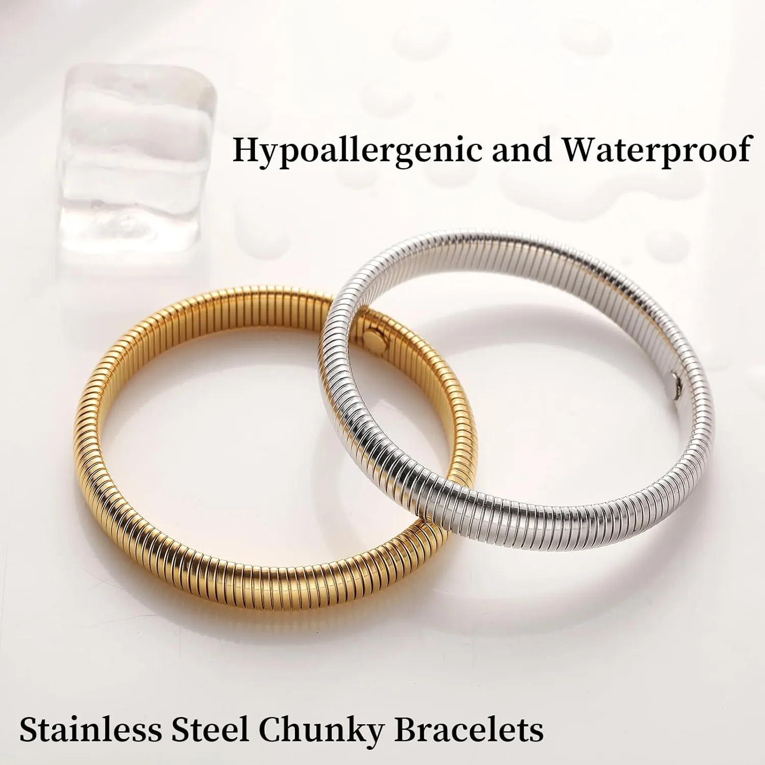 Gold Bangles for Women Chunky Stretch Bangle Bracelets Set 18K Gold Plated Stainless Steel 3 Pieces Stretchy Link Chain Bracelet Flexible Wide Wristband Stack Bangle Bracelet Set Trendy Jewelry Gift
