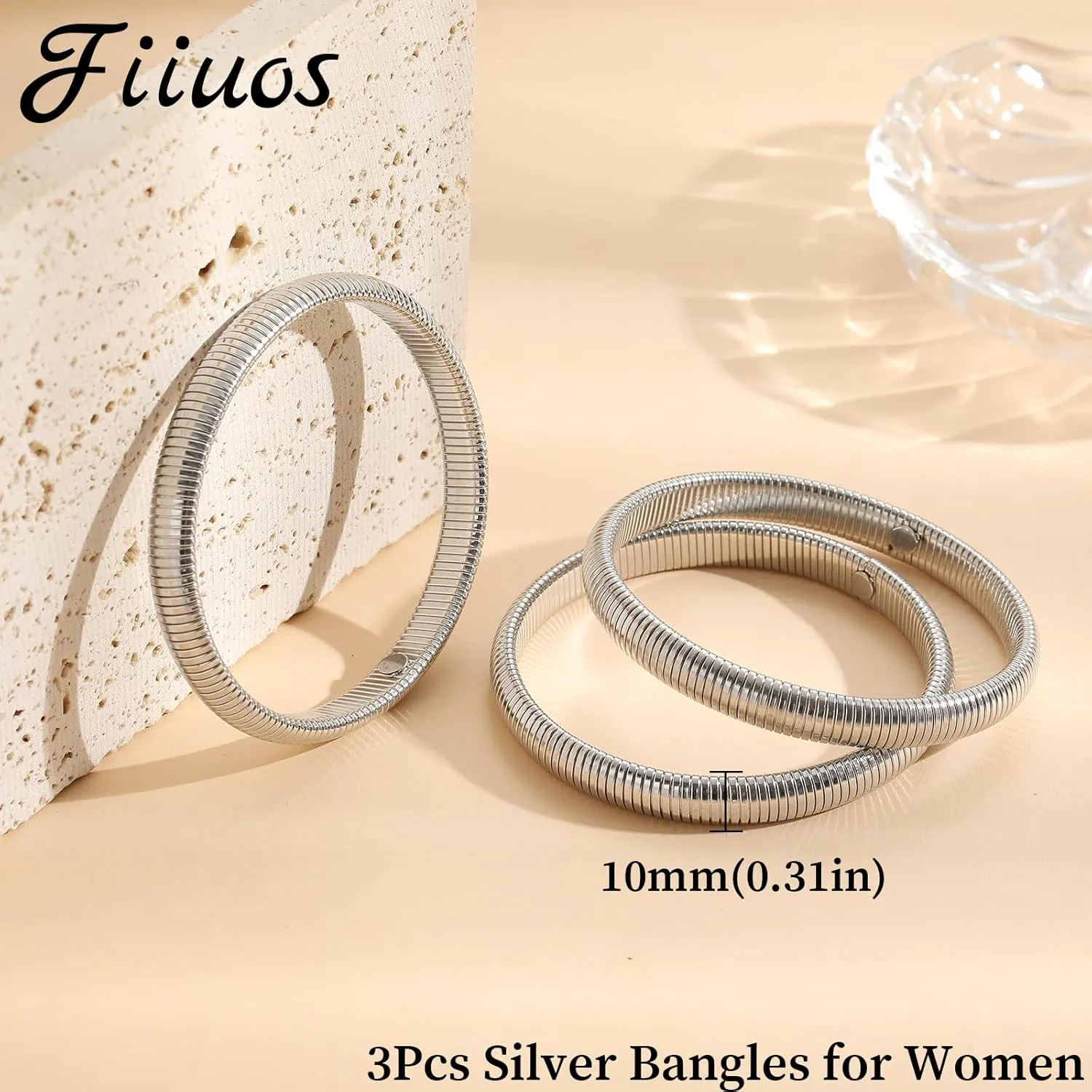 Gold Bangles for Women Chunky Stretch Bangle Bracelets Set 18K Gold Plated Stainless Steel 3 Pieces Stretchy Link Chain Bracelet Flexible Wide Wristband Stack Bangle Bracelet Set Trendy Jewelry Gift