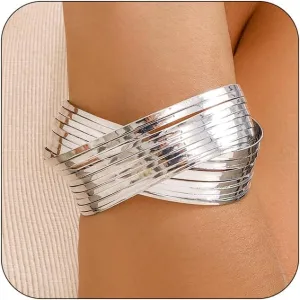 Gold Chunky Cuff Bangle Bracelet for Women Boho Adjustable Silver Irregular Open Wide Bracelet Minimalist Twist Statement Bangle Set Jewelry for Punk Party
