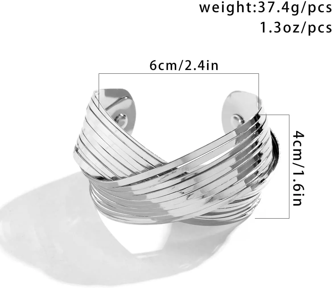 Gold Chunky Cuff Bangle Bracelet for Women Boho Adjustable Silver Irregular Open Wide Bracelet Minimalist Twist Statement Bangle Set Jewelry for Punk Party
