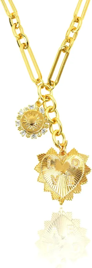 Gold Heart Necklaces for Women, Gold Plated Sun Heart Pendant Necklace, Chunky Gold Paperclip Heart Chain Necklace, Charm Necklaces for Women Trendy, Gold Necklaces Jewelry for Women