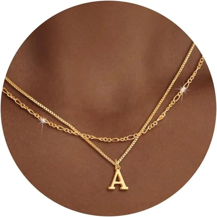 Gold Initial Necklaces for Women Trendy, Layered Dainty 14K Gold Letter Pendant Necklace Figaro Choker Necklaces Costume Monogram Name Necklaces Cute Simple Gold Jewelry Set for Women Gifts