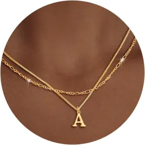 Gold Initial Necklaces for Women Trendy, Layered Dainty 14K Gold Letter Pendant Necklace Figaro Choker Necklaces Costume Monogram Name Necklaces Cute Simple Gold Jewelry Set for Women Gifts