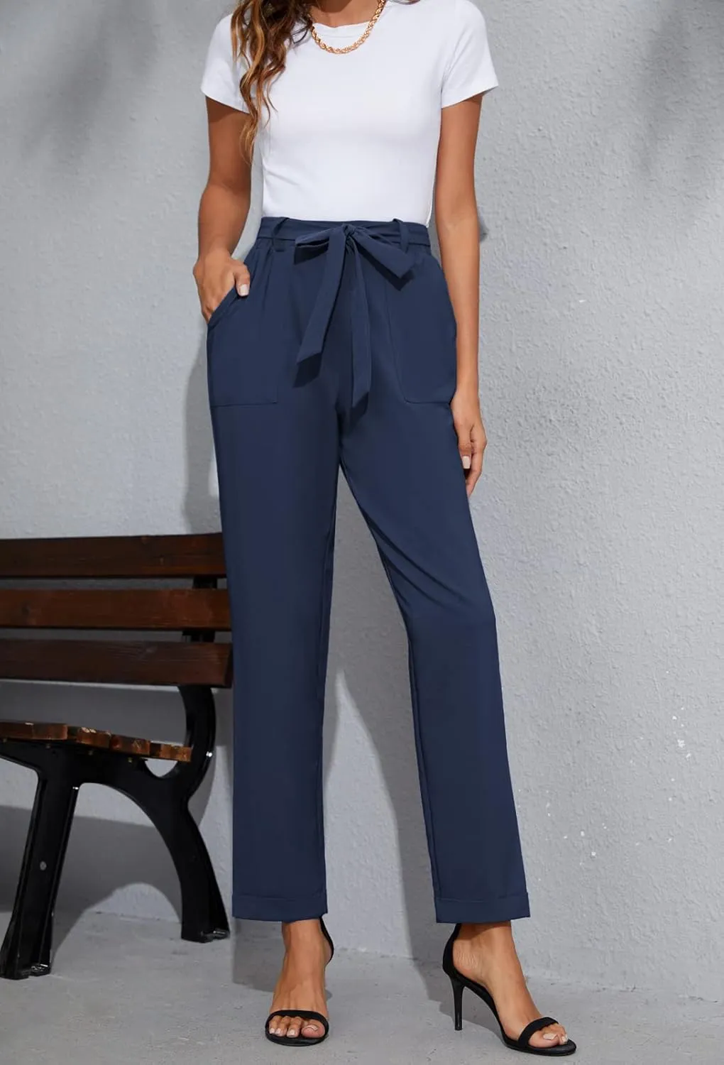 GRACE KARIN Women High Waist Pants with Belt Fold-up Leg Opening Pants with Big Pockets