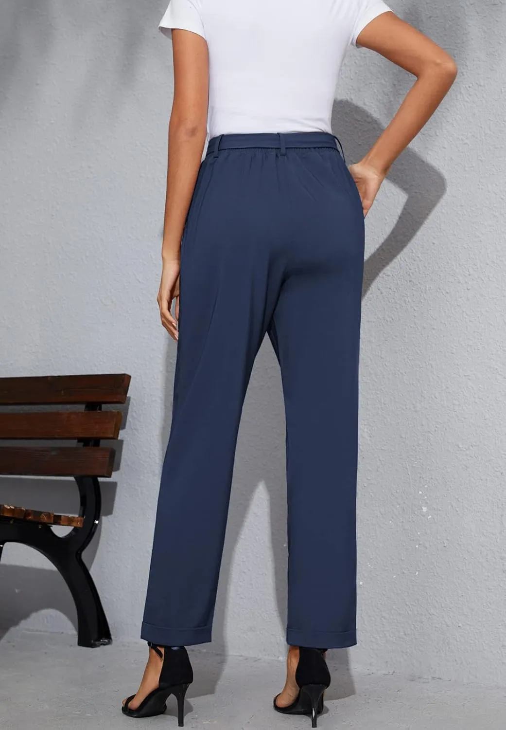 GRACE KARIN Women High Waist Pants with Belt Fold-up Leg Opening Pants with Big Pockets