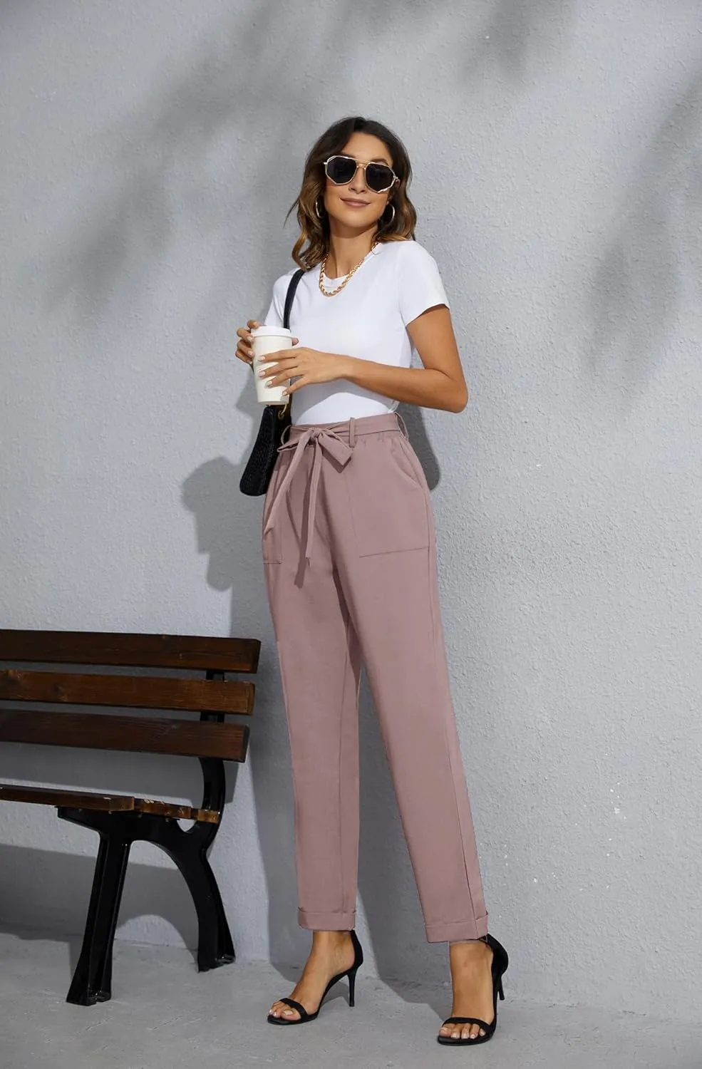 GRACE KARIN Women High Waist Pants with Belt Fold-up Leg Opening Pants with Big Pockets