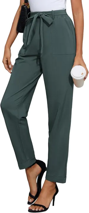 GRACE KARIN Women High Waist Pants with Belt Fold-up Leg Opening Pants with Big Pockets