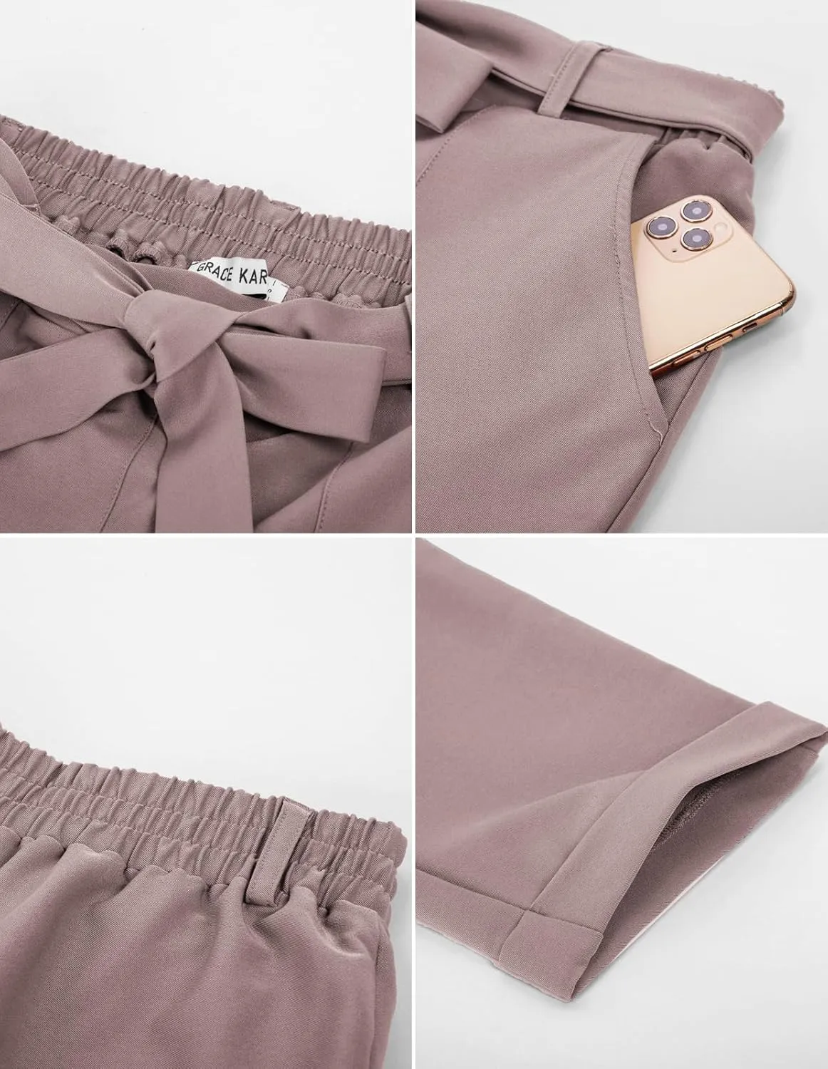 GRACE KARIN Women High Waist Pants with Belt Fold-up Leg Opening Pants with Big Pockets