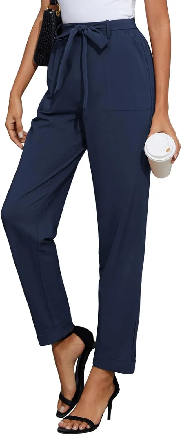 GRACE KARIN Women High Waist Pants with Belt Fold-up Leg Opening Pants with Big Pockets