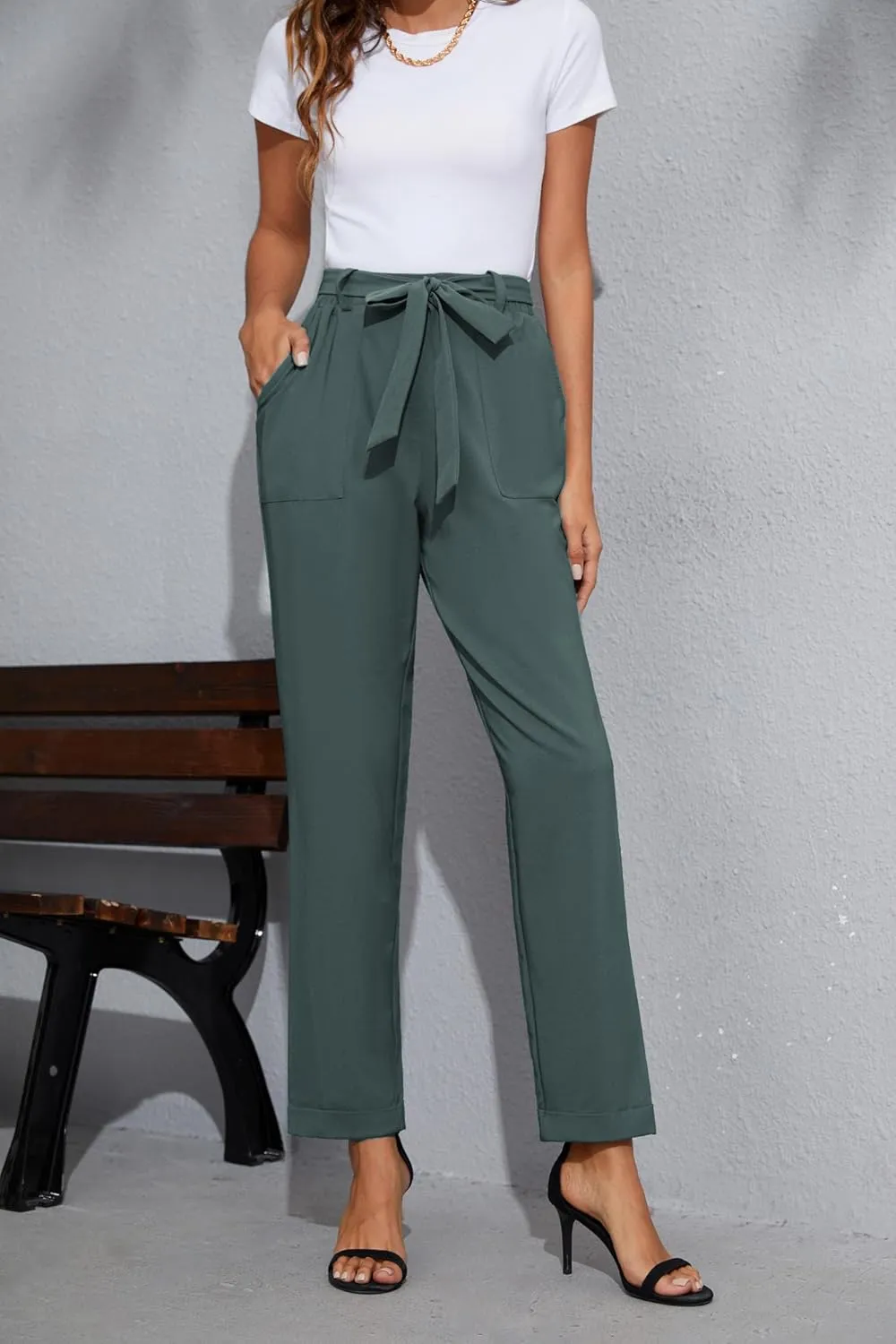 GRACE KARIN Women High Waist Pants with Belt Fold-up Leg Opening Pants with Big Pockets