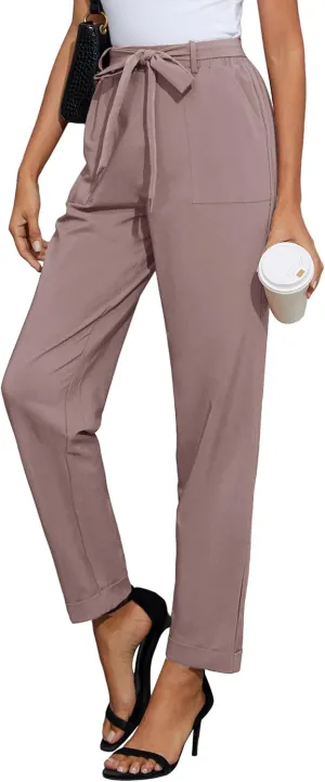 GRACE KARIN Women High Waist Pants with Belt Fold-up Leg Opening Pants with Big Pockets